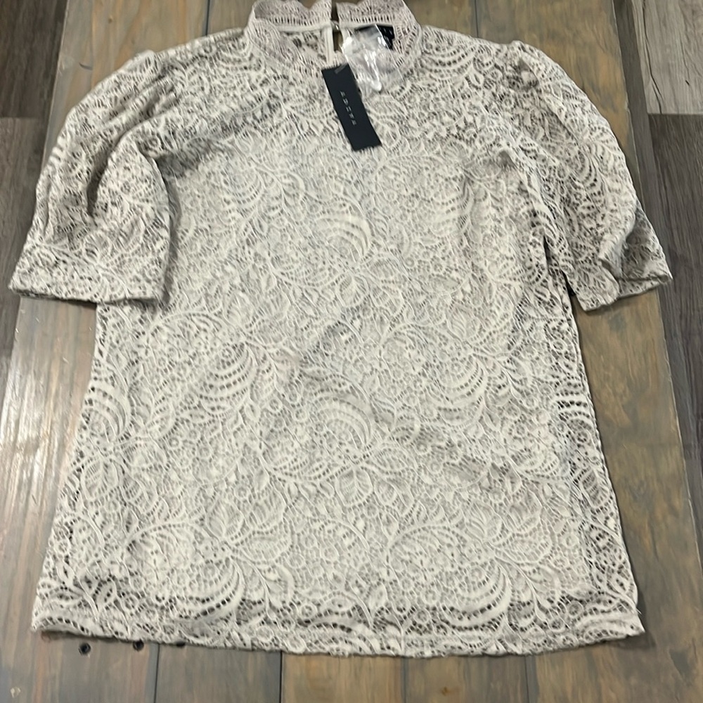 NWT Adiva Mock Neck Short Sleeve Lace‎ Top XS extra small